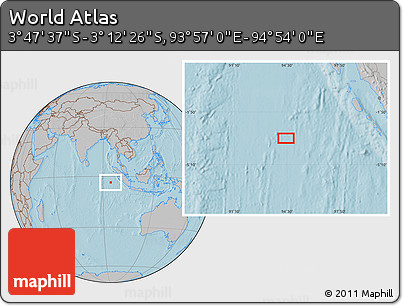 Gray Location Map of the Area around 3° 30' 2" S, 94° 25' 30" E, hill shading