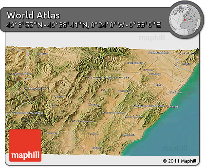 Satellite 3D Map of the Area around 40° 23' 48" N, 0° 4' 30" E