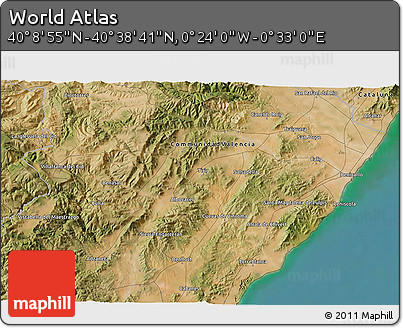 Satellite 3D Map of the Area around 40° 23' 48" N, 0° 4' 30" E