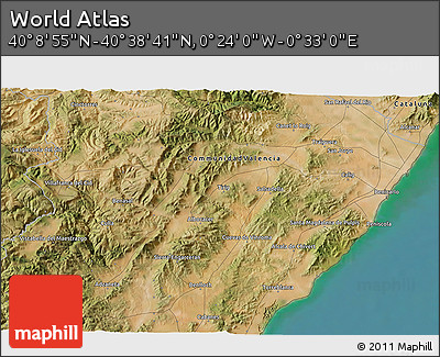 Satellite 3D Map of the Area around 40° 23' 48" N, 0° 4' 30" E