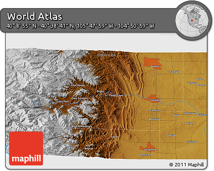 Physical 3D Map of the Area around 40° 23' 48" N, 105° 19' 29" W