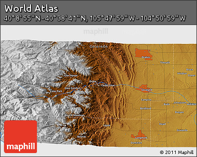 Physical 3D Map of the Area around 40° 23' 48" N, 105° 19' 29" W