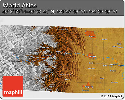 Physical 3D Map of the Area around 40° 23' 48" N, 105° 19' 29" W