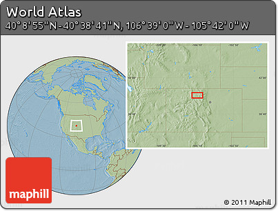 Savanna Style Location Map of the Area around 40° 23' 48" N, 106° 10' 30" W, hill shading