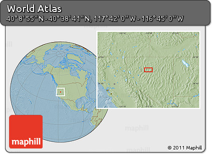 Savanna Style Location Map of the Area around 40° 23' 48" N, 117° 13' 29" W, hill shading