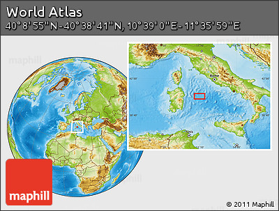 Physical Location Map of the Area around 40° 23' 48" N, 11° 7' 30" E