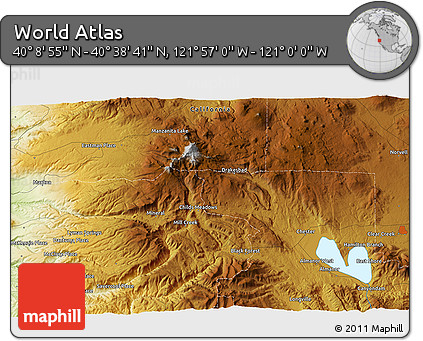 Physical 3D Map of the Area around 40° 23' 48" N, 121° 28' 29" W
