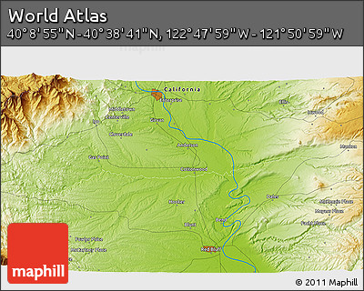 Physical 3D Map of the Area around 40° 23' 48" N, 122° 19' 29" W