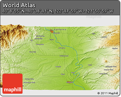 Physical 3D Map of the Area around 40° 23' 48" N, 122° 19' 29" W