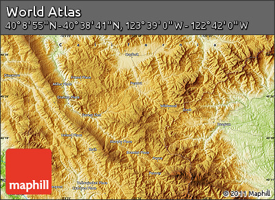 Physical Map of the Area around 40° 23' 48" N, 123° 10' 30" W