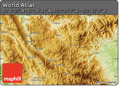 Physical Map of the Area around 40° 23' 48" N, 123° 10' 30" W