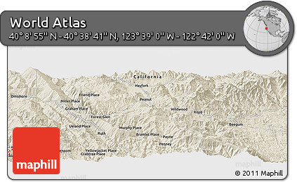 Shaded Relief Panoramic Map of the Area around 40° 23' 48" N, 123° 10' 30" W