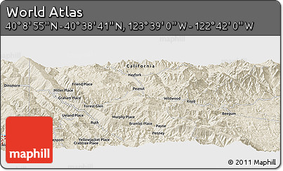 Shaded Relief Panoramic Map of the Area around 40° 23' 48" N, 123° 10' 30" W