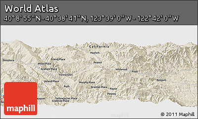 Shaded Relief Panoramic Map of the Area around 40° 23' 48" N, 123° 10' 30" W