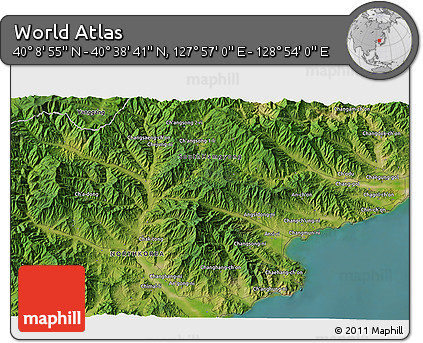 Satellite 3D Map of the Area around 40° 23' 48" N, 128° 25' 30" E