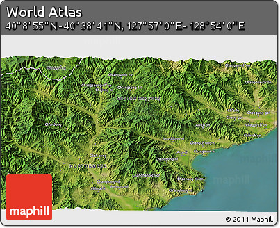 Satellite 3D Map of the Area around 40° 23' 48" N, 128° 25' 30" E