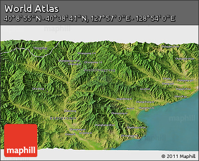 Satellite 3D Map of the Area around 40° 23' 48" N, 128° 25' 30" E