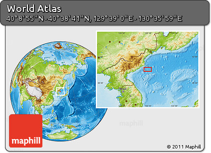 Physical Location Map of the Area around 40° 23' 48" N, 130° 7' 30" E