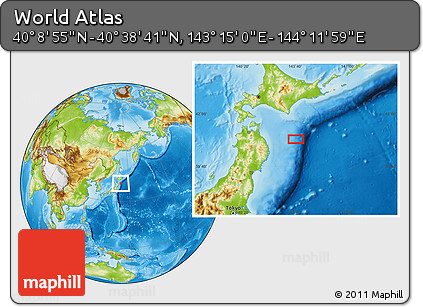 Physical Location Map of the Area around 40° 23' 48" N, 143° 43' 29" E