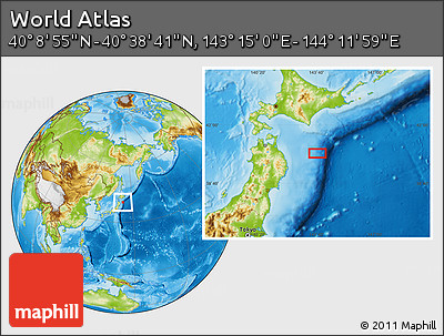 Physical Location Map of the Area around 40° 23' 48" N, 143° 43' 29" E