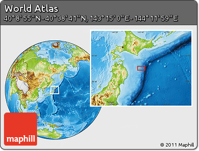 Physical Location Map of the Area around 40° 23' 48" N, 143° 43' 29" E