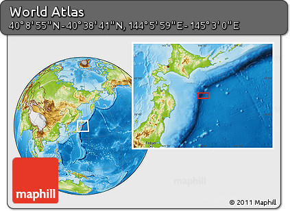 Physical Location Map of the Area around 40° 23' 48" N, 144° 34' 29" E