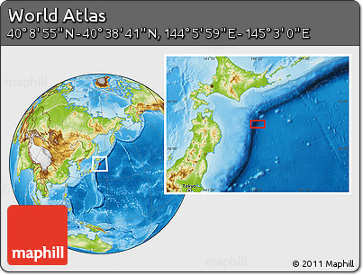Physical Location Map of the Area around 40° 23' 48" N, 144° 34' 29" E