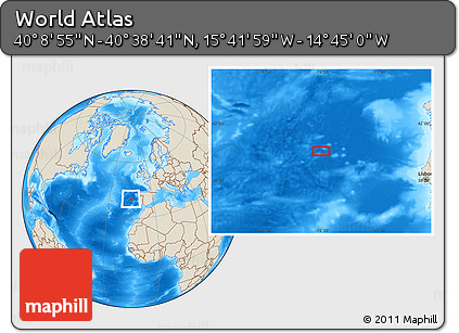 Shaded Relief Location Map of the Area around 40° 23' 48" N, 15° 13' 29" W