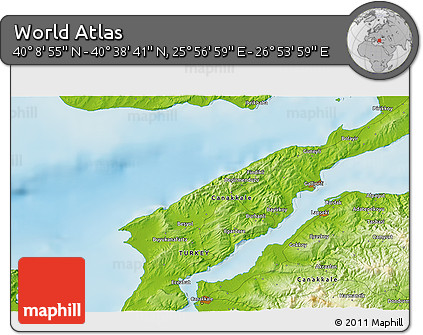 Physical 3D Map of the Area around 40° 23' 48" N, 26° 25' 29" E