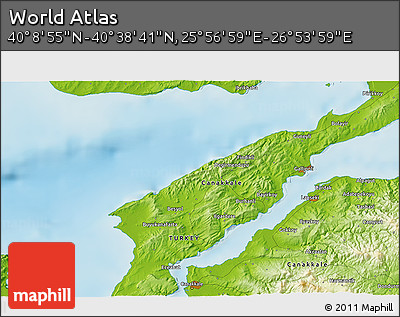 Physical 3D Map of the Area around 40° 23' 48" N, 26° 25' 29" E