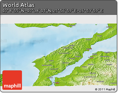 Physical 3D Map of the Area around 40° 23' 48" N, 26° 25' 29" E
