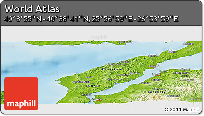 Physical Panoramic Map of the Area around 40° 23' 48" N, 26° 25' 29" E