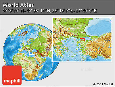 Physical Location Map of the Area around 40° 23' 48" N, 27° 16' 29" E