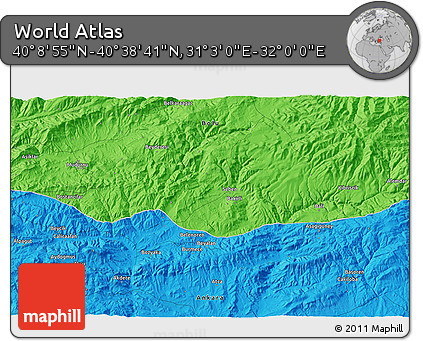 Political 3D Map of the Area around 40° 23' 48" N, 31° 31' 29" E