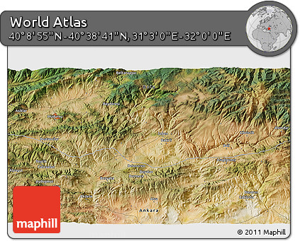 Satellite 3D Map of the Area around 40° 23' 48" N, 31° 31' 29" E