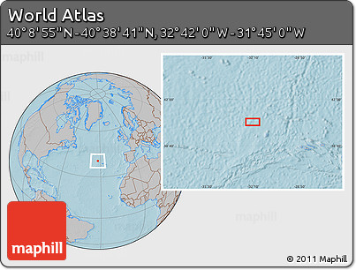 Gray Location Map of the Area around 40° 23' 48" N, 32° 13' 30" W, hill shading