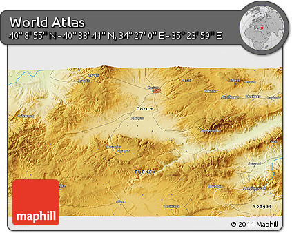 Physical 3D Map of the Area around 40° 23' 48" N, 34° 55' 29" E