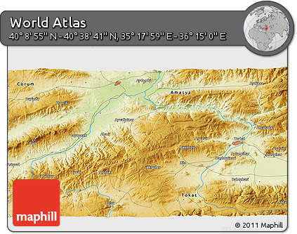 Physical 3D Map of the Area around 40° 23' 48" N, 35° 46' 29" E