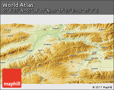 Physical 3D Map of the Area around 40° 23' 48" N, 35° 46' 29" E