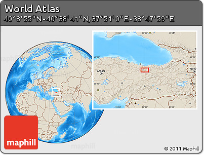 Shaded Relief Location Map of the Area around 40° 23' 48" N, 38° 19' 30" E