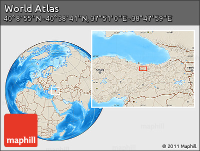 Shaded Relief Location Map of the Area around 40° 23' 48" N, 38° 19' 30" E