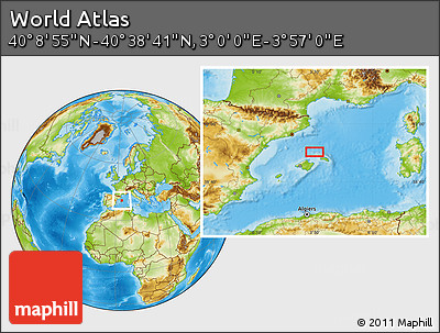 Physical Location Map of the Area around 40° 23' 48" N, 3° 28' 30" E