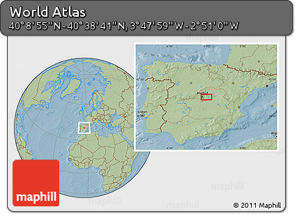 Savanna Style Location Map of the Area around 40° 23' 48" N, 3° 19' 30" W, hill shading