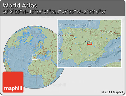 Savanna Style Location Map of the Area around 40° 23' 48" N, 3° 19' 30" W, hill shading