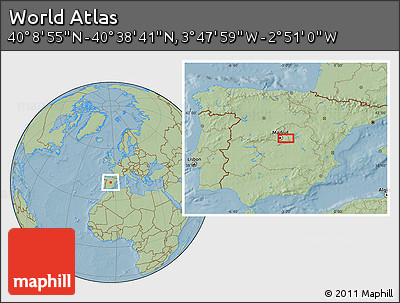 Savanna Style Location Map of the Area around 40° 23' 48" N, 3° 19' 30" W, hill shading