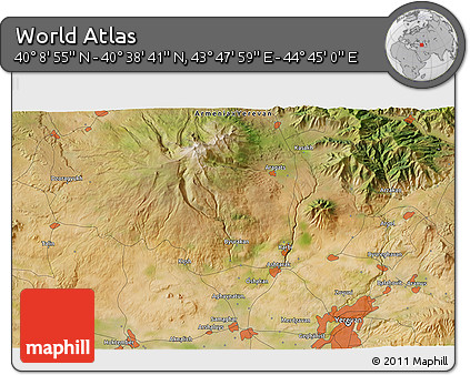 Satellite 3D Map of the Area around 40° 23' 48" N, 44° 16' 29" E