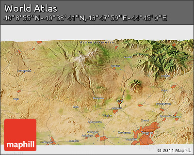 Satellite 3D Map of the Area around 40° 23' 48" N, 44° 16' 29" E