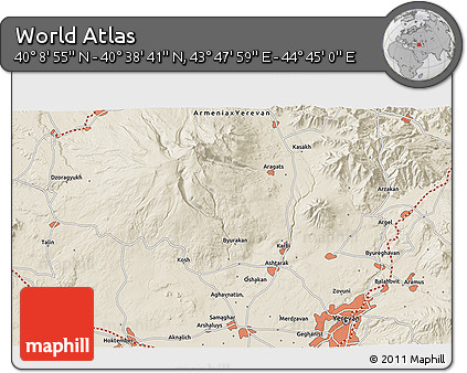 Shaded Relief 3D Map of the Area around 40° 23' 48" N, 44° 16' 29" E