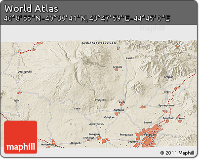 Shaded Relief 3D Map of the Area around 40° 23' 48" N, 44° 16' 29" E