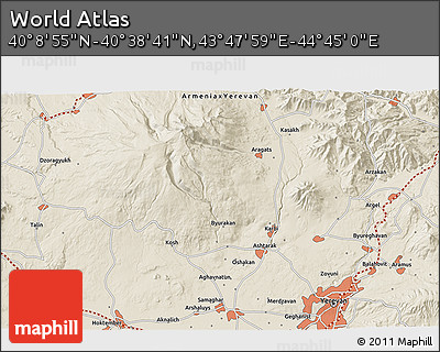 Shaded Relief 3D Map of the Area around 40° 23' 48" N, 44° 16' 29" E